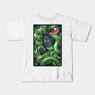 Cthulhu And Black Cat Friend - Black Outlined Version Kids T-Shirt